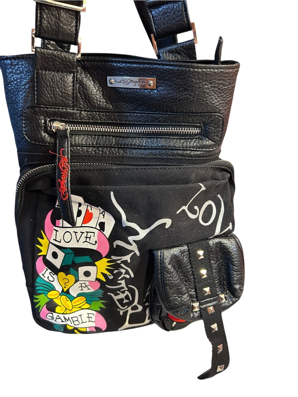 Ed Hardy “ life is a Gamble” vintage Y2K canvas faux leather crossbody bag